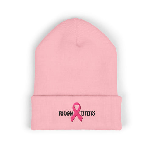 "Tough Titties" Breast Cancer Awareness Cuffed Beanie — Pink Ribbon Embroidered Knit Hat