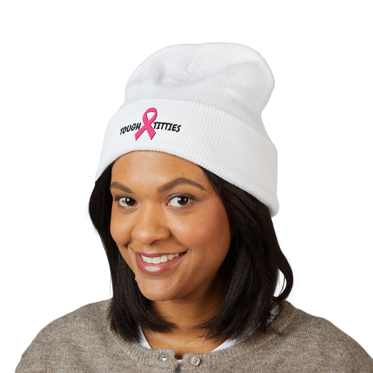 "Tough Titties" Breast Cancer Awareness Cuffed Beanie — Pink Ribbon Embroidered Knit Hat